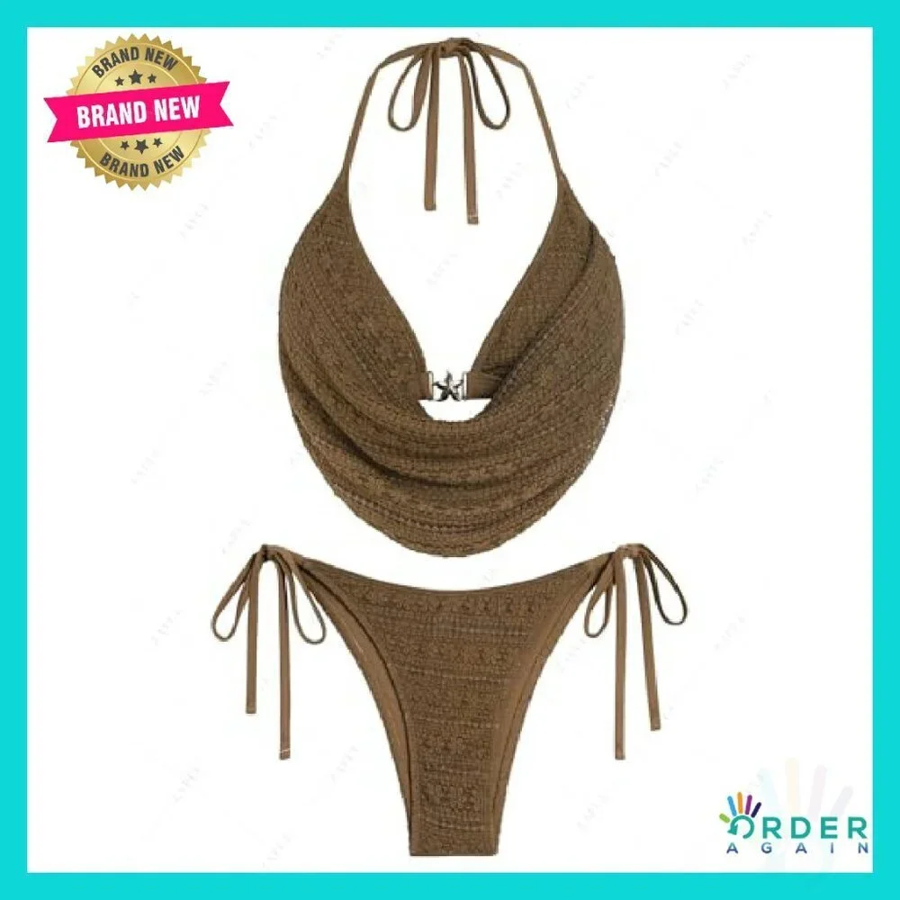 Mesh Halter Bikini Set Deep V Neck Sexy Y2K Chic Beach Vacation Swimsuit